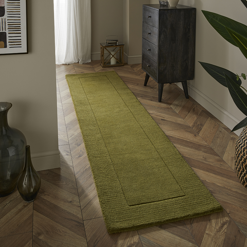 Esme Mayfair Carved Wool Runner Rugs In Olive Green